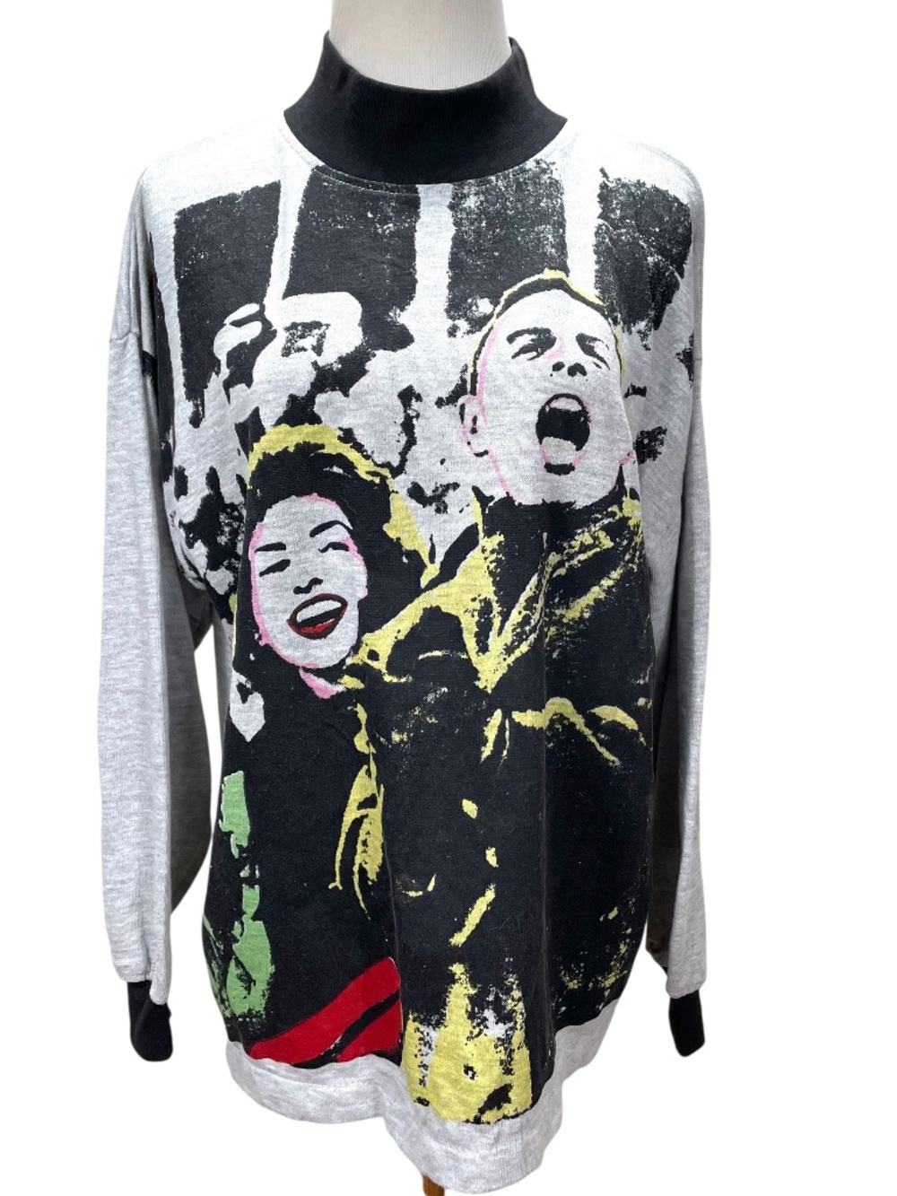 Vintage 80s Punk Rock Pop Art Graphic Sweatshirt Size L Mock Neck Oversized CSL